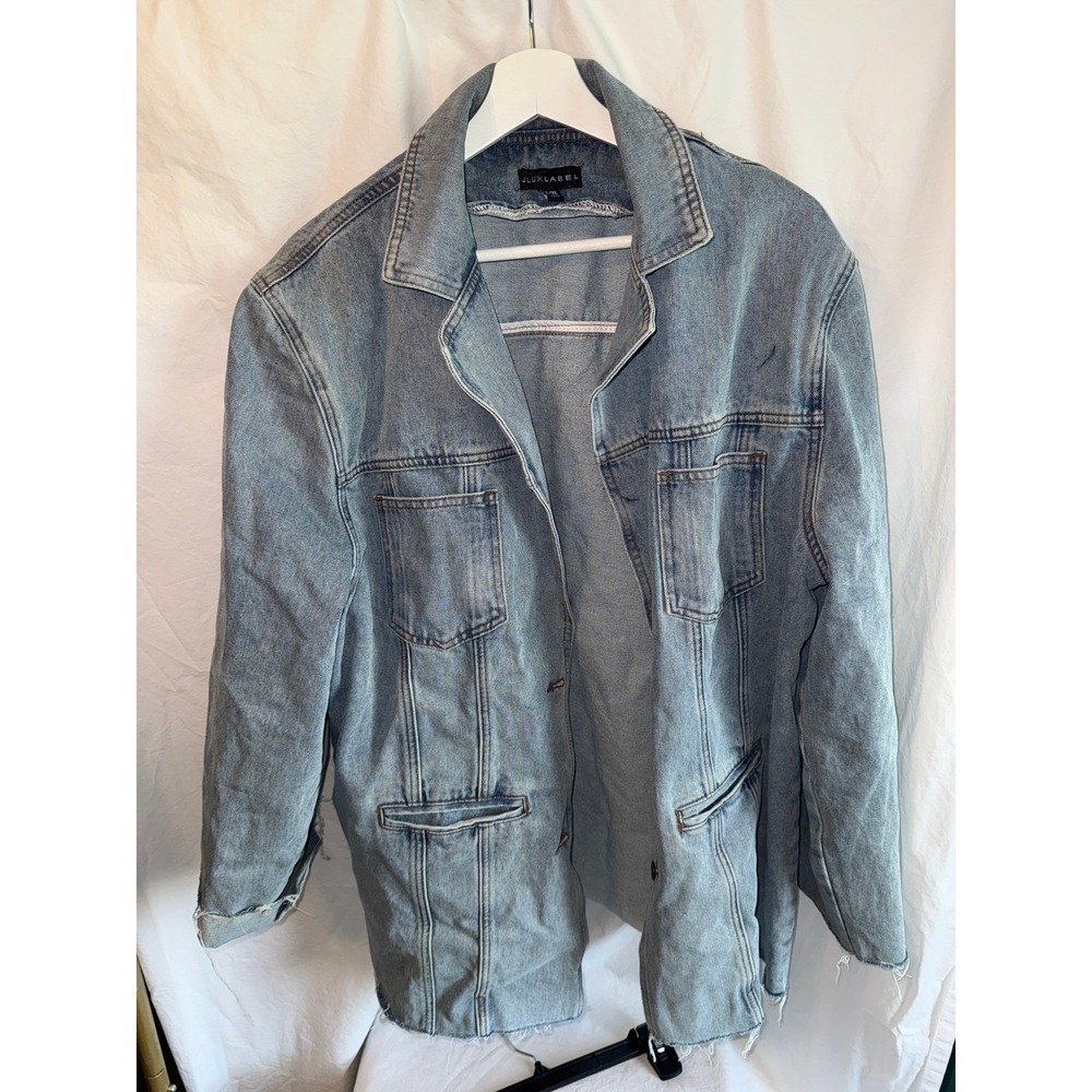 JLUXLABEL Light Wash Oversized Denim Jacket Raw Hem Trucker Coat L/XL